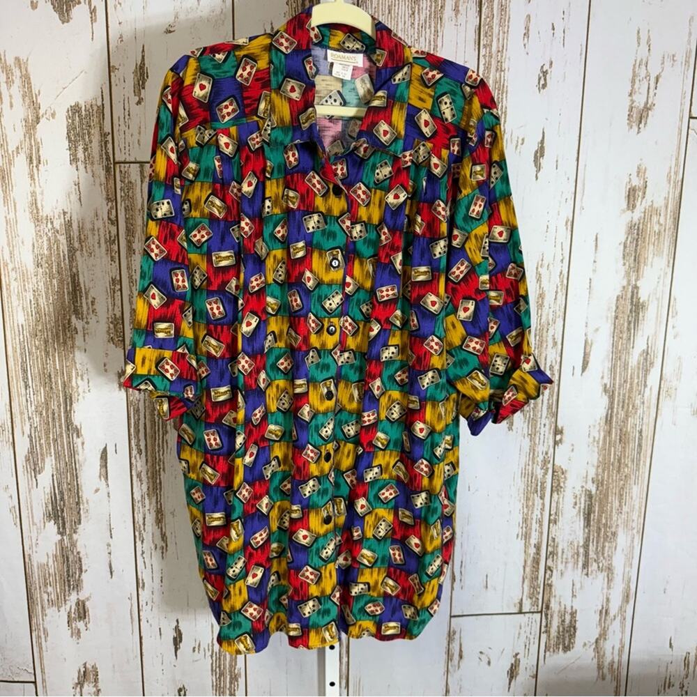 Roaman's, Vibrant Multicolor Vegas Themed Button Down Shirt. Size 1X. Vintage